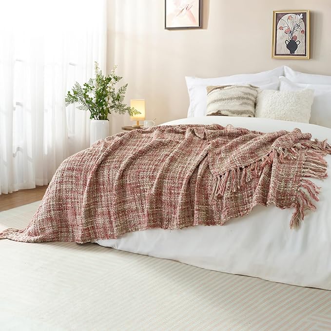 Multi-Color Light Pink Cable Woven Throw Blanket for Couch,50"X60" Boho Style Textured Blankets for Home Decor,Super Soft Warm Cozy Chunky Blanket with Decorative Tassels for Bed