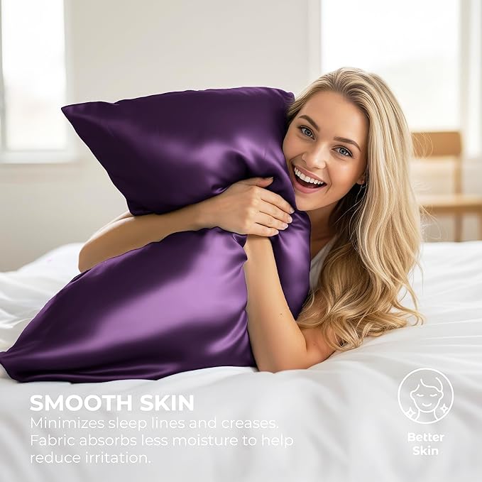 Pure Bedding Satin Pillowcase 2 Pack - King Size (20"x40", Purple) - Silky Pillow Cases for Hair and Skin - Satin Pillow Covers with Envelope Closure - Extra Soft Premium Microfiber