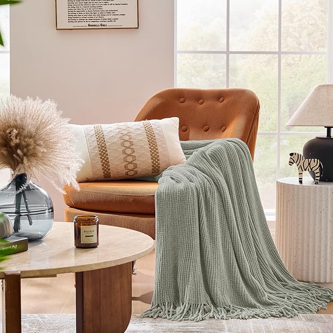 inhand Throw Blanket for Couch Bed,Chunky Chenille Woven Soft Blankets with Tassels,Cozy Boho Farmhouse Fall Winter Decor,Warm for Women,50"x60",Medium Thick-Light Grey