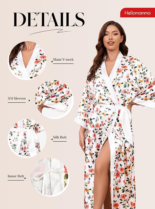 Hellomamma Womens Satin Silk Robe: Lightweight 3/4 Sleeve Comfy Floral Print Kimono Sleepwear for Bride Wedding Party Gift