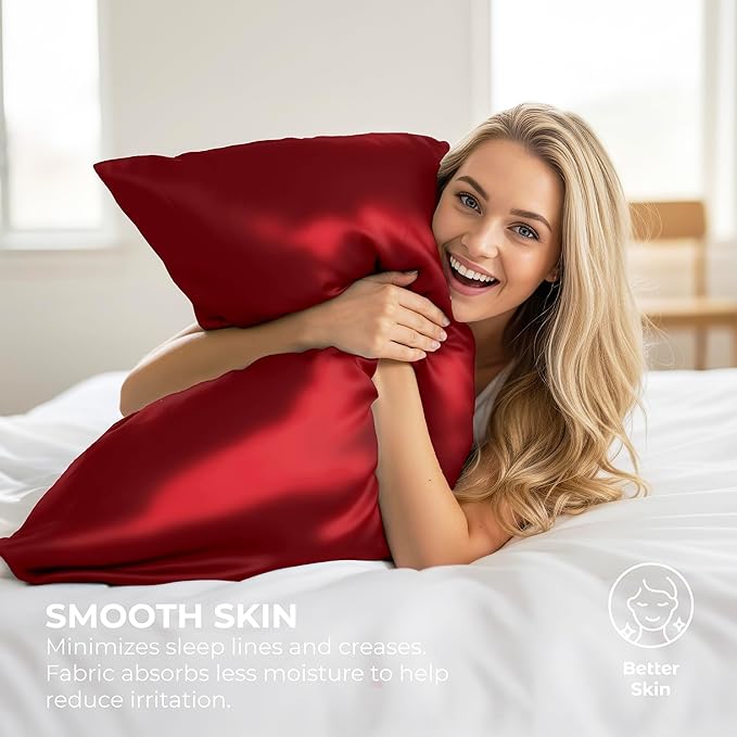 Pure Bedding Satin Pillowcase 2 Pack - King Size (20"x40", Burgundy) - Silky Pillow Cases for Hair and Skin - Satin Pillow Covers with Envelope Closure - Extra Soft Premium Microfiber