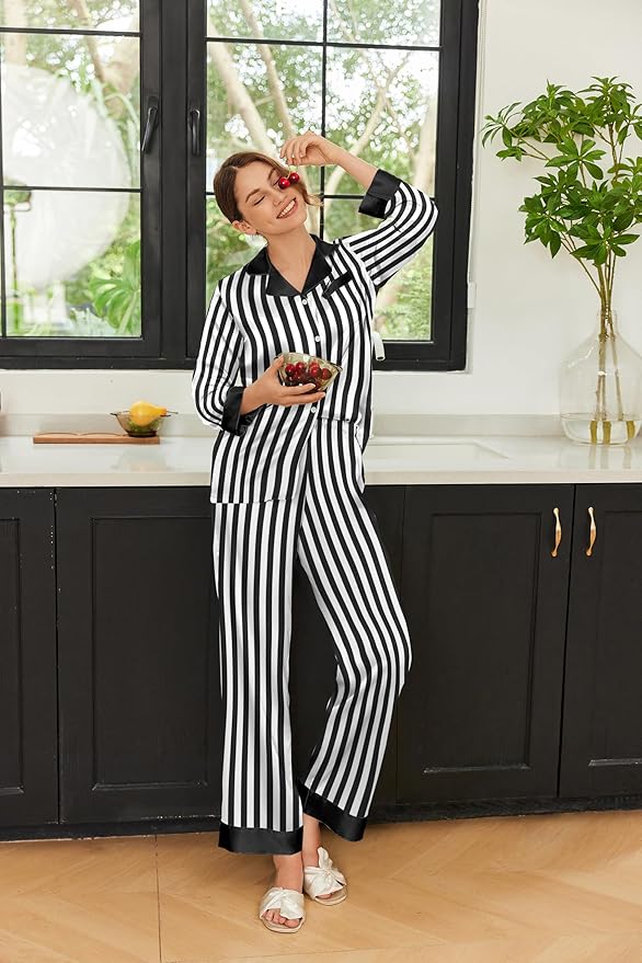 Ekouaer Silk Pajamas for Women Long Sleeve Satin Pajama Set Silky Pj Sets 2 Piece Button Down Loungewear Sleepwear