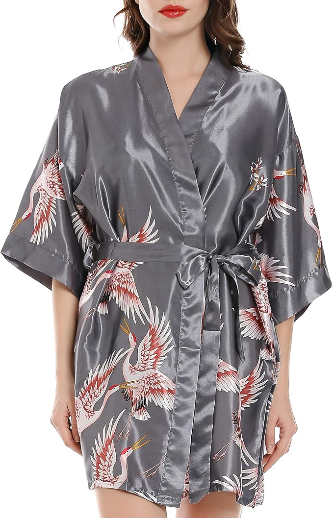 Women Kimono Robes Satin Dressing Gown Crane and Blossoms Sleep Lounge Nightwear Short Silk Bride Bridesmaid Robe