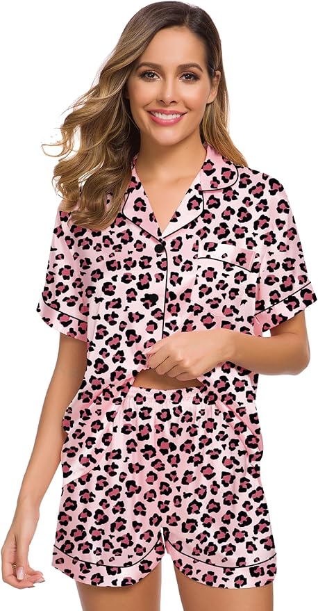 SWOMOG Womens Silk Satin Pajamas Set Short Sleeve Sleepwear Button Down Top and Shorts Loungewear 2 Piece Pjs Set XS-3XL