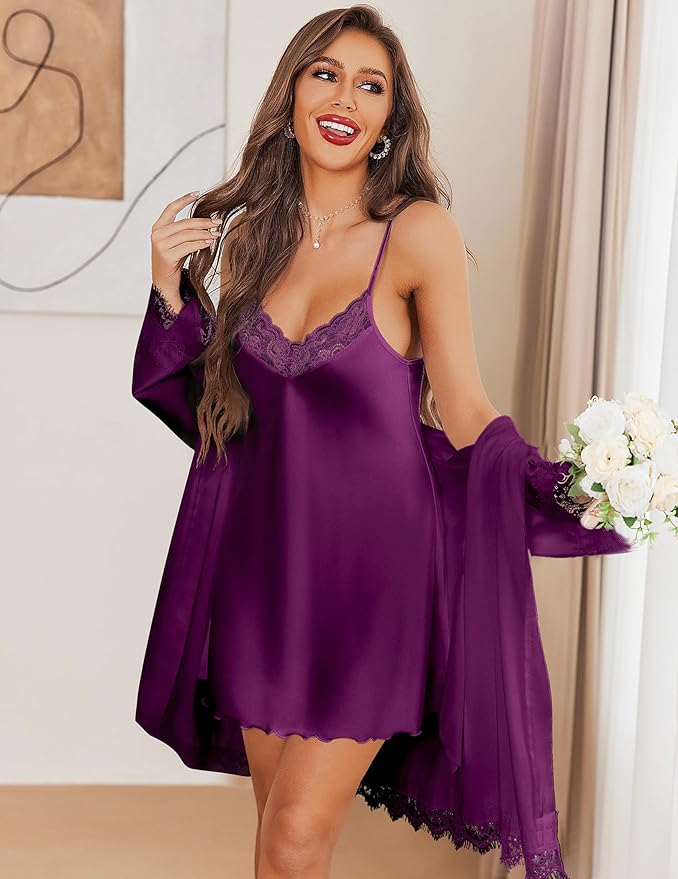Ekouaer Lingerie for Women 2 Pack Silk Nightgowns Babydoll Negligee Sexy Slip Nighty Satin Chemise Teddy Sleepwear