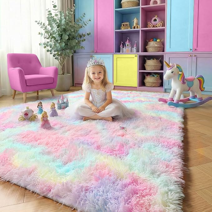 Amdrebio Rainbow Unicorn Colorful Kids Rugs for Girls Bedroom, 8x10 Fluffy Shag Area Rugs for Playroom Classroom, Large Pastel Room Decor Aesthetic, Cute Fuzzy Kawaii Princess Carpet for Baby Toddler