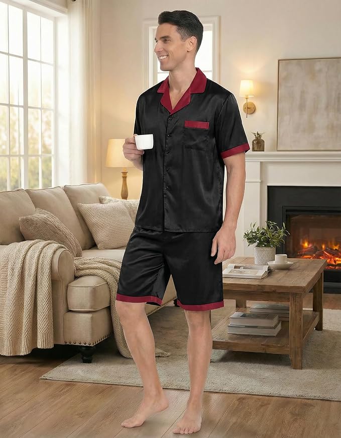 Ekouaer Men Satin Silk Pajamas Set with Pockets Sleepwear Shorts Satin Summer Loungewear 2 Piece Button Down Set S-3XL