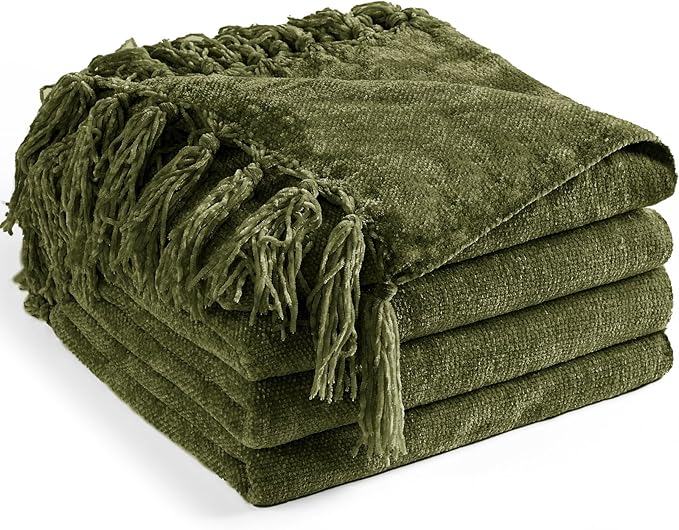 Chenille Throw Blanket for Couch 50"X 60", Soft Cozy Throws with Fringe Tassel for Bed Sofa Chair Cover, Lightweight Knitted Decorative Boho Blankets for Living Room, Olive Green