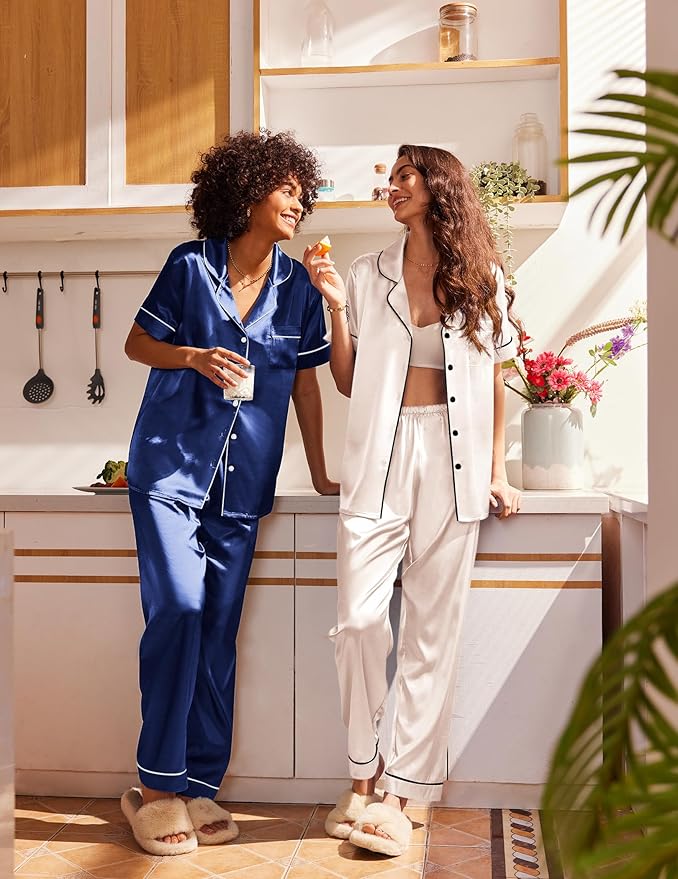 Ekouaer Satin Pajamas Set Women Short Sleeve Sleepwear Soft Button Down Loungewear Pjs Set