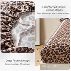 MR&HM Satin Bed Sheets with Elastic Corner Straps, Full Size Sheets Set, 6 Pcs Silky Bedding Set with 15 Inches Deep Pocket for Mattress (Full, Brown Leopard)