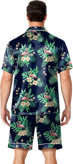Ekouaer Mens Pajamas Set Silk Satin Sleepwear Short Sleeve Button Down Pjs Set 2 Piece Loungewear with Pockets S-XXL