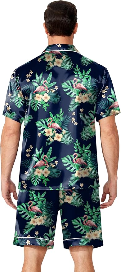 Ekouaer Mens Pajamas Set Silk Satin Sleepwear Short Sleeve Button Down Pjs Set 2 Piece Loungewear with Pockets S-XXL