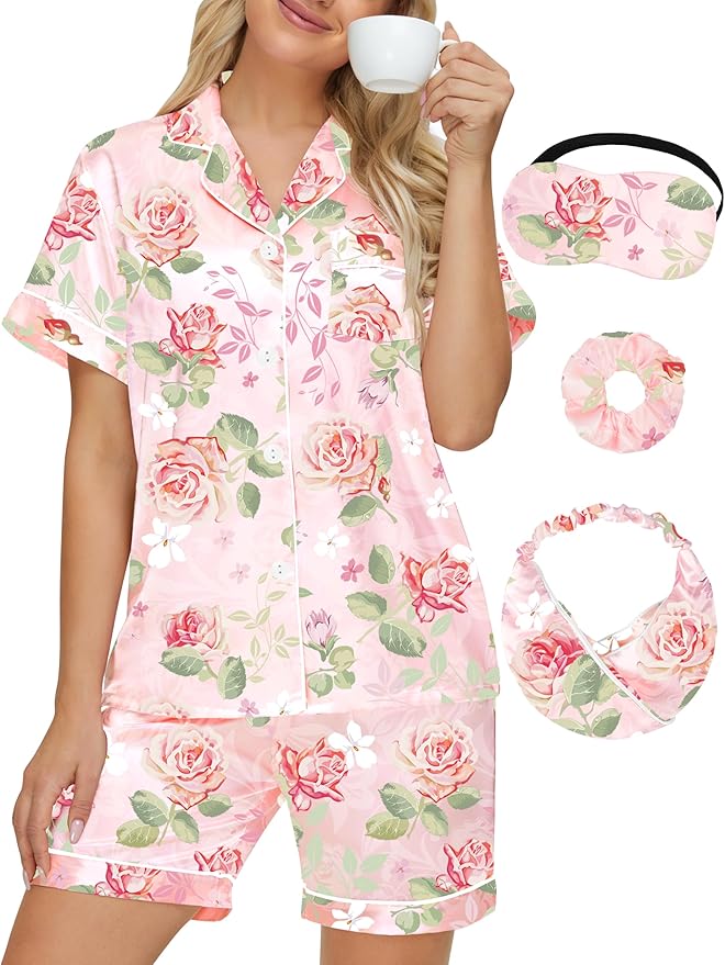 DOLOS Silk Satin Pajama Set for Women Short/Long Sleeve 2-Piece Silky Pajamas for Women Button Down Pjs Sleepwear Loungewear
