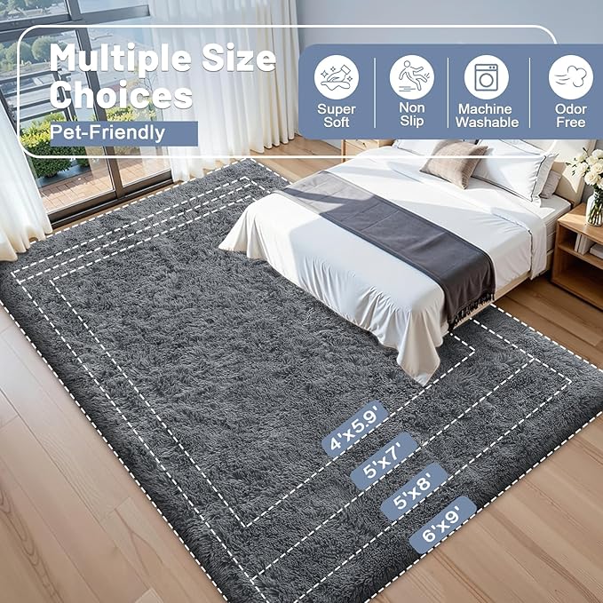 OLANLY 7x7 Machine Washable Large Area Rugs for Living Room, Bedroom, Soft Fluffy Shaggy Bedside Rug, Indoor Floor Carpet for Kids Girls and Boys, Dorms, Nursery, Home Decor Aesthetic, Grey