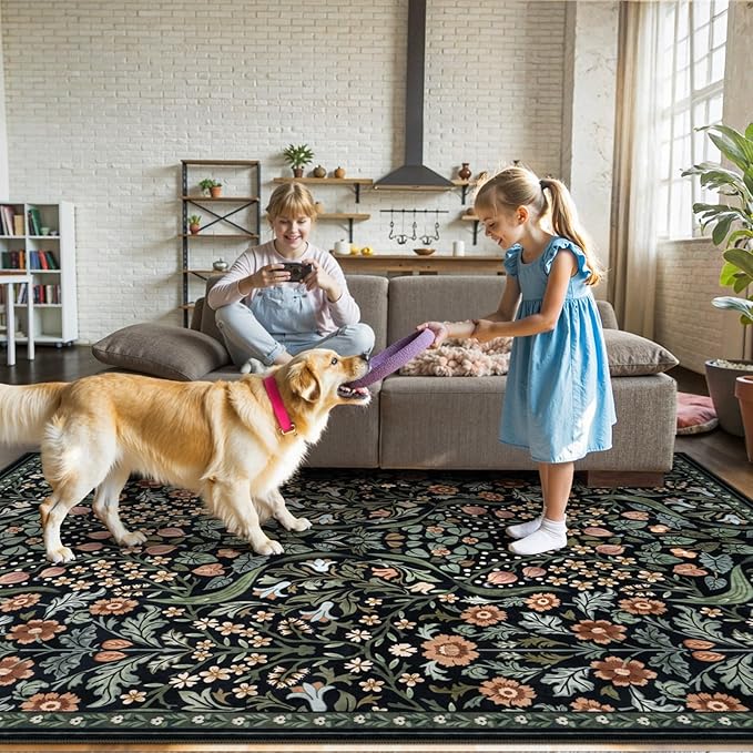 Lahome Claude Floral 5x7 Rug for Living Room, Soft Washable Area Rugs for Bedroom, Botanical Thin Stain-Resistant Black Boho Carpet for Dining Room, Guestroom, Nursery Indoor