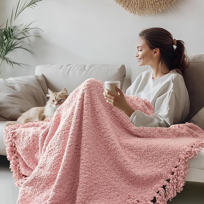 Throw Blanket for Couch, Dusty Pink Luxury Knitted Throws 60"x80", Textured Blankets with Handmade Fringe Tassels for Bed Sofa Decorative, Chunky Soft Farmhouse Boho Home Decor