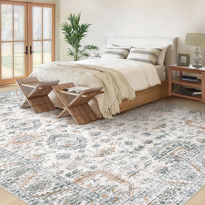 XLUEZ Area Rug 9x12 Living Room Rug, Machine Washable Vintage Distressed Boho Area Rug Non-Slip Soft Low Pile Large Indoor Rugs for Bedroom Kitchen Dining Room Office(Brown Green,9'x12')