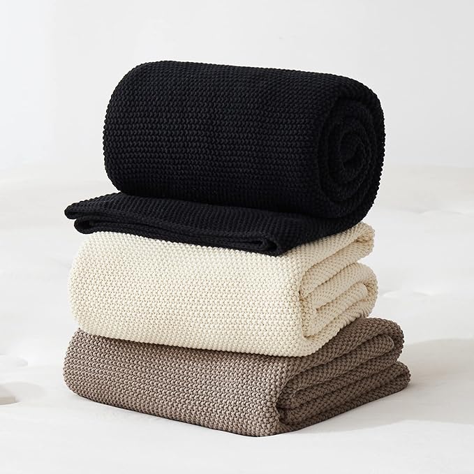 Longhui bedding Black Cotton Cable Knit Throw Blanket for Couch Sofa Chair Bed Home Decorative, 3.4 Pounds 60 x 80 Inch Lightweight Woven Throw Blankets with Bonus Laundering Bag