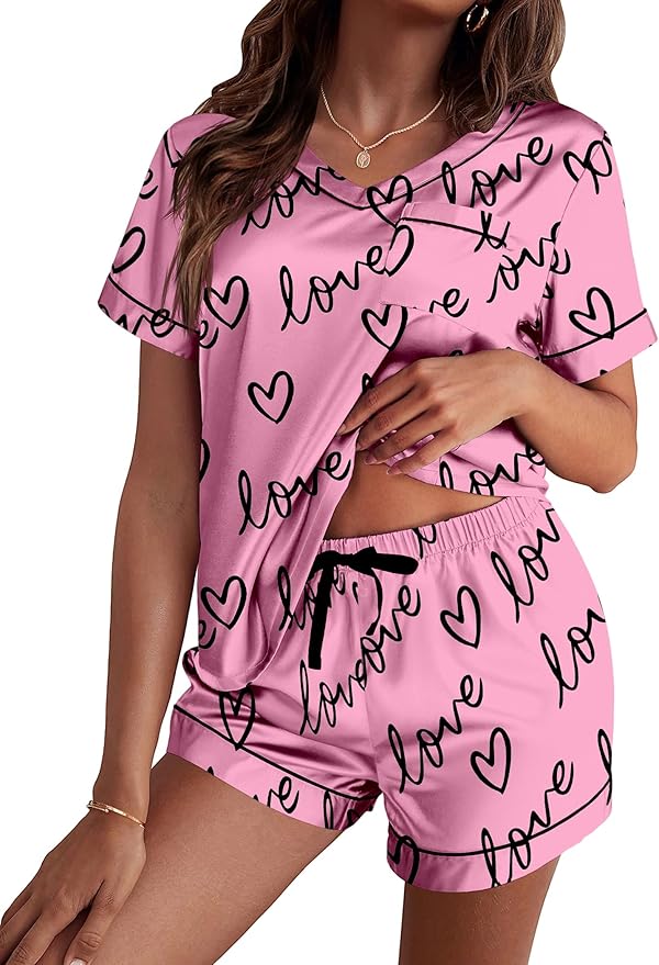 Ekouaer Silk Pajama for Women Short Sleeve Satin Pj Set Two Piece Soft Sleepwear Loungewear, S-XXL