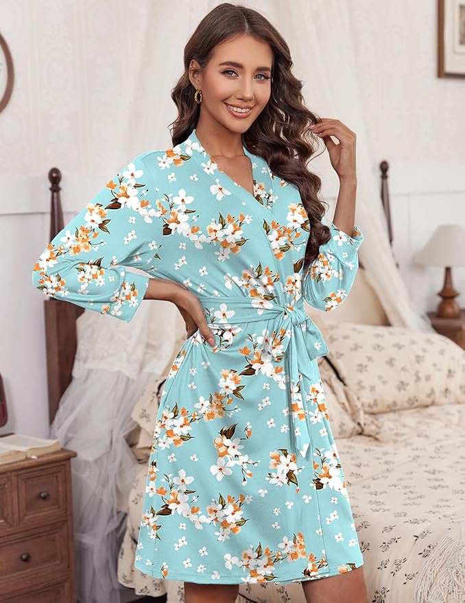 Ekouaer Women‘s Robes Lightweight 3/4 Sleeve Short Knit Bathrobe Soft Knee Length Sleepwear Robes with Pockets S-XXL