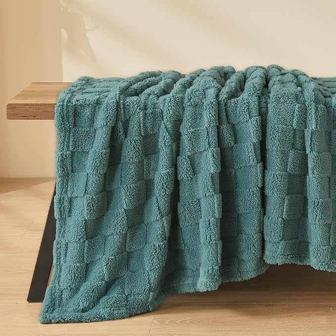 NEWCOSPLAY Super Soft Twin Blanket Light Teal Premium Silky Flannel Fleece 3D Checkered Lightweight Bed Blanket All Season Use (Light Teal Checkered, Twin(60"x80"))