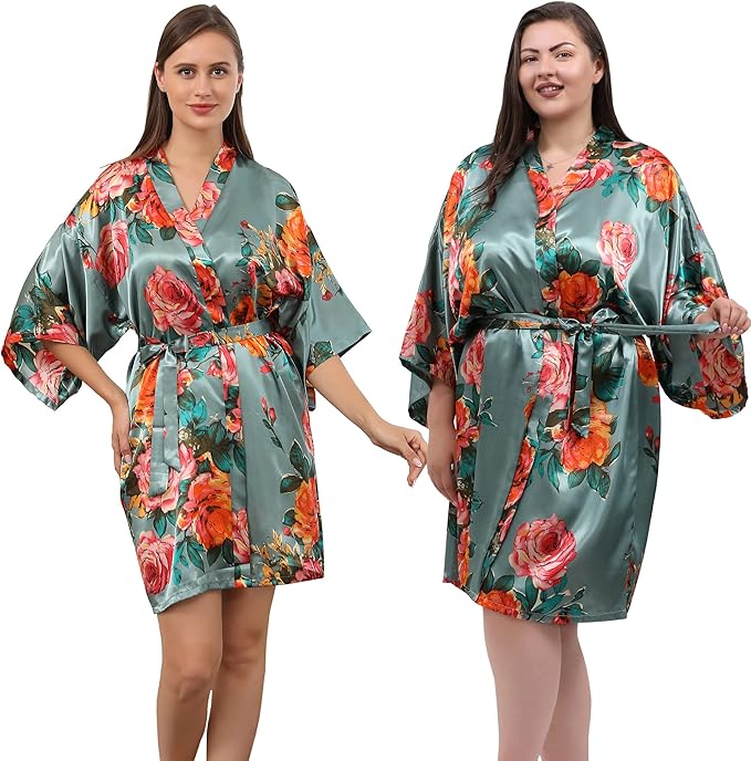 QXQTER Peony Floral Silky Satin Robe Wedding Bridal Party Bride Bridesmaid Robes for Women Dressing Gown Kimono Robe
