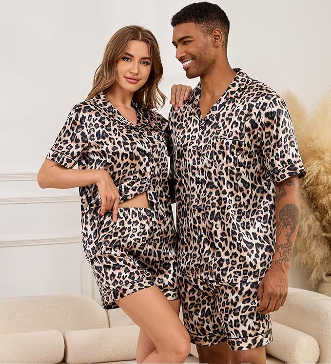 SWOMOG Satin Matching Pajamas Sets Couple Silk Button Down Nightwear Women & Men Short Sleeve Sleepwear 2 Pieces Loungewear
