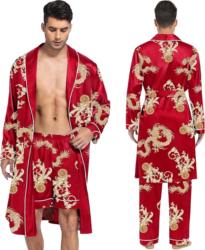 SWOMOG Men's Satin Robe 3 Pcs Silky Kimono Bathrobe Set Lightweight Soft Loungewear Nightwear