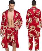 SWOMOG Men's Satin Robe 3 Pcs Silky Kimono Bathrobe Set Lightweight Soft Loungewear Nightwear