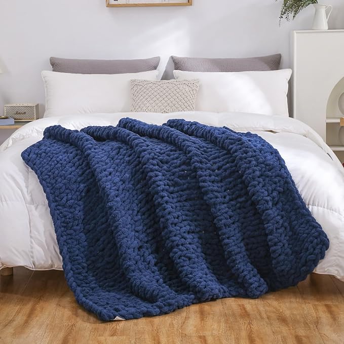 WESHIONGOO Chunky Knit Blanket Throw 51"×63" Knitted Throw Blankets for Couch Bed Fluffy Soft Blanket with Jumbo Chenille Yarn Thick 100% Handmade (Navy Blue)
