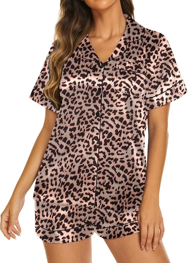 Ekouaer Silk Pajamas for Women Short Sleeve Sleepwear Soft Button Down Loungewear 2 Piece Satin Pjs Shorts Set