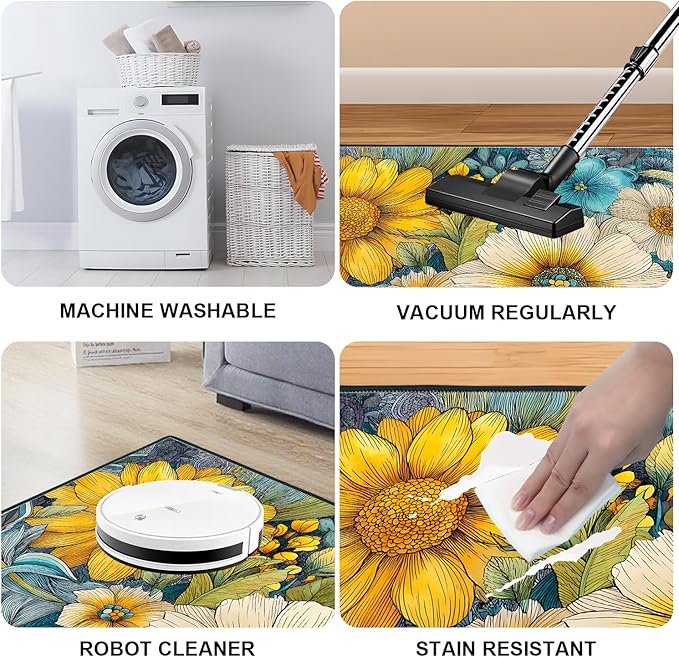 Flower Area Rug 2x3 ft Entry Rug Washable Boho Rugs Non Slip Low Pile Floral Door Mat Small Carpet for Bedroom, Bedside, Kids Room, Office, Dining Room