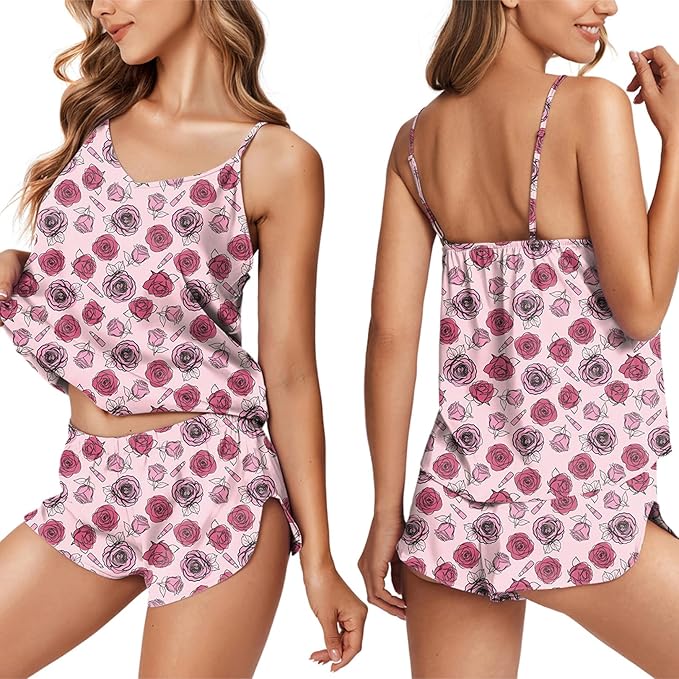 Ekouaer Silk Pajamas for Women Satin Cami Pjs Set V Neck Camisole Shorts Set Adjustable Strap Sleepwear