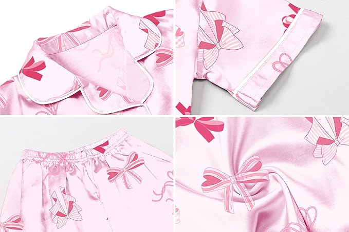 Umeyda Women & Girls Pajamas Set, Soft Satin Lightweight Silk Button-Down Top with Shorts 2 Piece PJS for Mom Boys Kids Gifts