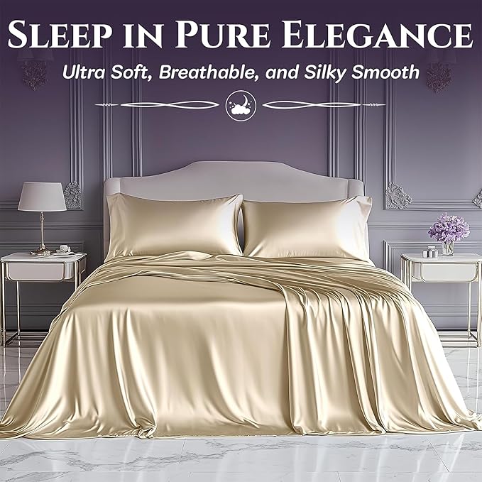 SLEEP SANCTUARY Satin Sheets Twin Size – 3 Piece Luxury Silky Bed Set, Softer Than Silk, 15" Deep Pocket, Cooling & Wrinkle-Free, Moisture-Wicking & Breathable for Hair & Skin (Ivory)