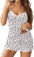 Ekouaer Womens Pajama Sets 2 Piece Lingerie Sleepwear Cute Cami Shorts Pjs Set Soft V Neck Lace Trim Nightwear