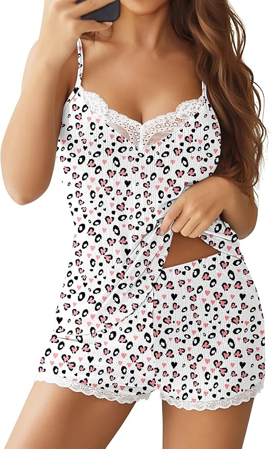 Ekouaer Womens Pajama Sets 2 Piece Lingerie Sleepwear Cute Cami Shorts Pjs Set Soft V Neck Lace Trim Nightwear