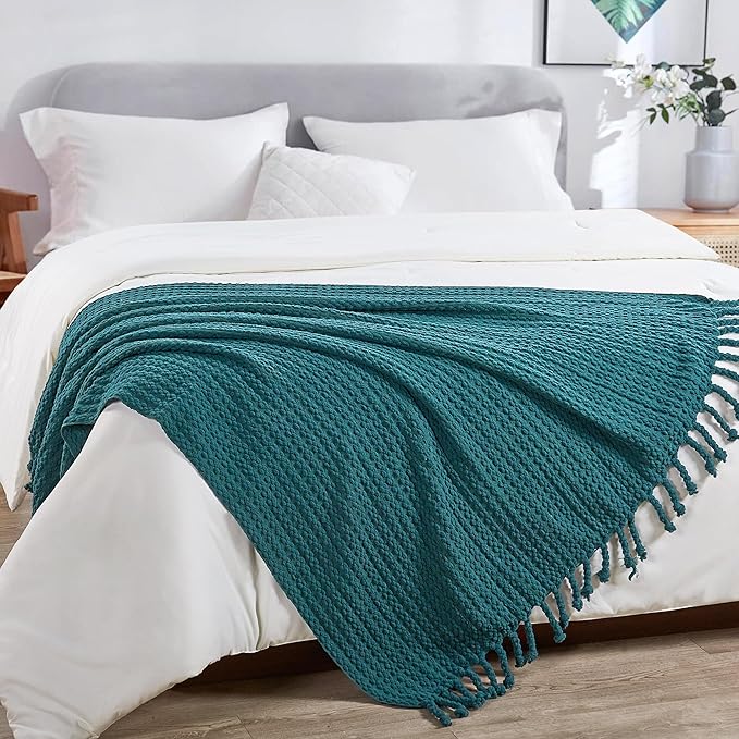 Striped Knit Throw Blanket with Braided Tassels 50" x 60", Hand Knitted Soft Chunky Chain Design Boho Farmhouse Blanket, Solid Color Tassel Decor Throw for Couch Bed Sofa Outdoor, Dark Teal