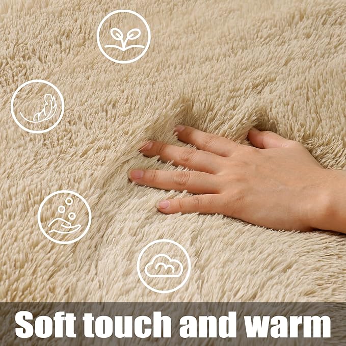 KING DARE 2x6 Runner Rug for Bedroom, Fluffy Shaggy Beige Rugs for Dorm, Fuzzy Shag Non-Slip Washable Soft Plush Carpet for Bedside Girls Boys Kids Room Decor