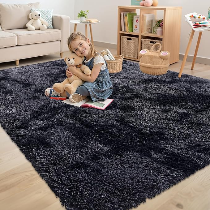 OLANLY Area Rugs for Living Room Bedroom, Machine Washable 4x5.9 Feet Soft Fluffy Shaggy Bedside Rug, Indoor Floor Carpet for Kids Girls and Boys, Nursery Room, Home Decor Aesthetic, Deep Grey Tie-dye