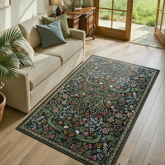 Lahome Claude Floral 3x5 Rugs for Entryway, Botanical Green Machine Washable Boho Throw Rugs for Entrance, Non-Slip Maximalism Stain-Resistant Soft Carpet for Bedroom, Kids Room, Dorm