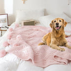 ATMOSURELY Ultra Soft Chenille Cable Knit Throw Blanket with Handmade Pom Poms Cozy Fluffy Knitted Blanket Lightweight Warm Woven Farmhouse Blanket for Bed Sofa Couch 50x60 Inches (Geometry Pink)