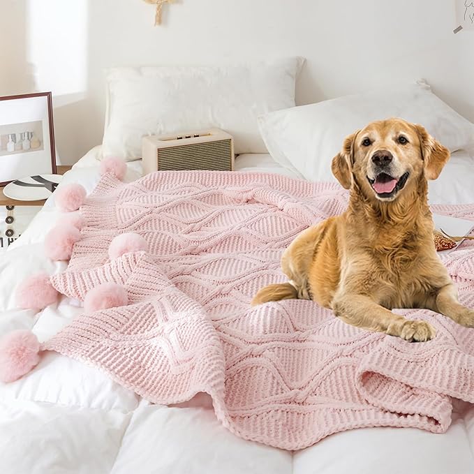 ATMOSURELY Ultra Soft Chenille Cable Knit Throw Blanket with Handmade Pom Poms Cozy Fluffy Knitted Blanket Lightweight Warm Woven Farmhouse Blanket for Bed Sofa Couch 50x60 Inches (Geometry Pink)