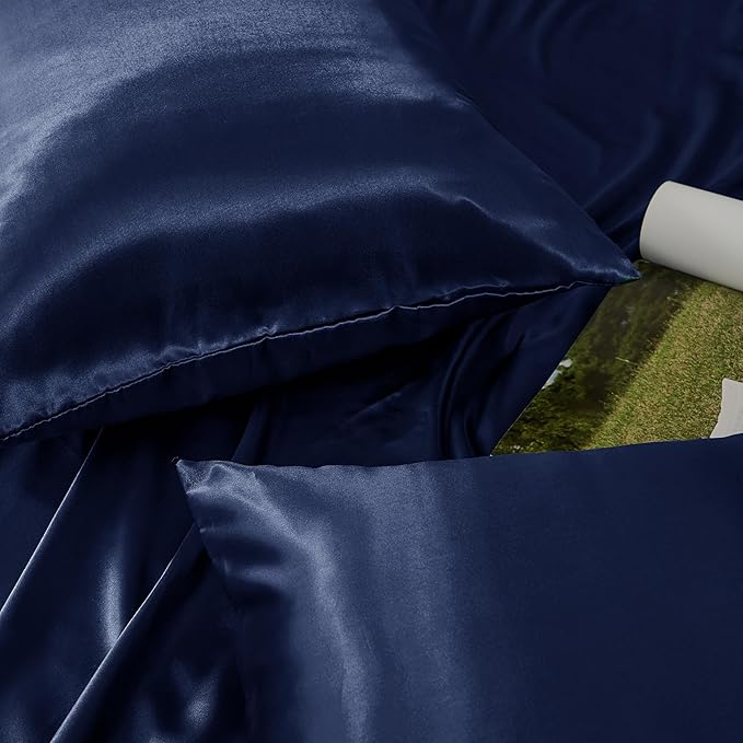 Navy Blue Satin Pillowcase Queen Size Set of 2 for Hair and Skin, Navy Blue Silk Pillowcase Breathable Pillowcase with Envelope Closure