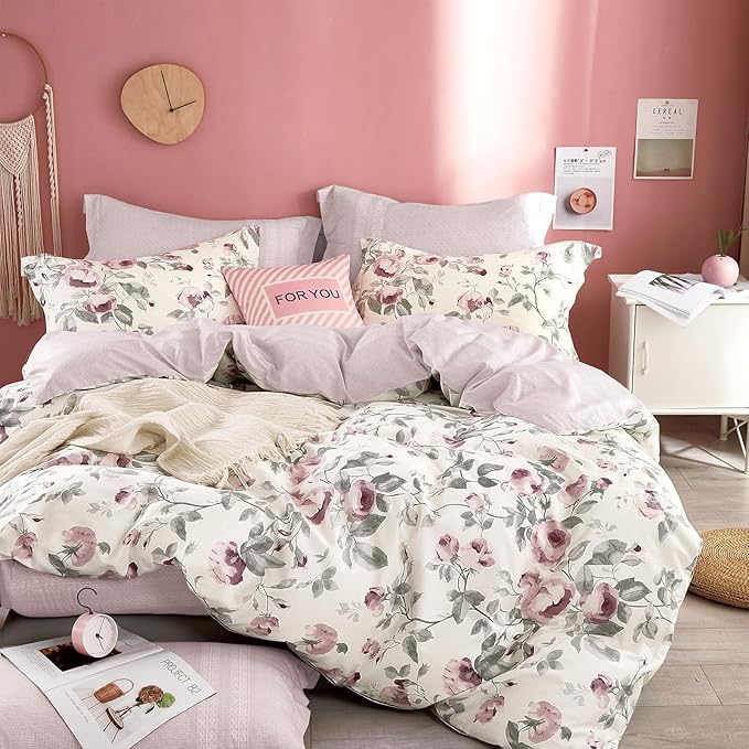 ALEISSEL Vintage Cotton 3pcs Floral Comforter Sets Queen Size - Dusty Rose & Soft Gray Foliage on White, Blush French Striped Patchwork Reverse, Neutural Lightweight Bedding Sets(Queen 90"×90")