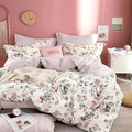 ALEISSEL Vintage Cotton 3pcs Floral Comforter Sets Queen Size - Dusty Rose & Soft Gray Foliage on White, Blush French Striped Patchwork Reverse, Neutural Lightweight Bedding Sets(Queen 90"×90")