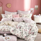 ALEISSEL Vintage Cotton 3pcs Floral Comforter Sets Queen Size - Dusty Rose & Soft Gray Foliage on White, Blush French Striped Patchwork Reverse, Neutural Lightweight Bedding Sets(Queen 90"×90")