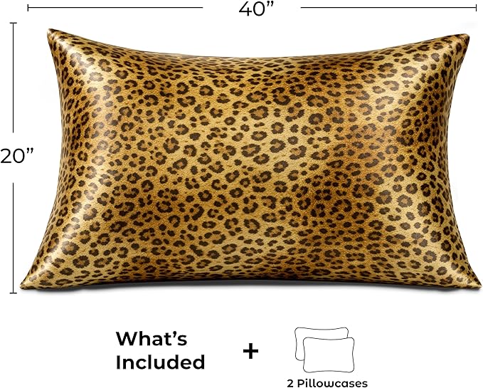 Pure Bedding Satin Pillowcase 2 Pack - King Size (20"x40", Gold Leopard) - Silky Pillow Cases for Hair and Skin - Satin Pillow Covers with Envelope Closure - Extra Soft Premium Microfiber