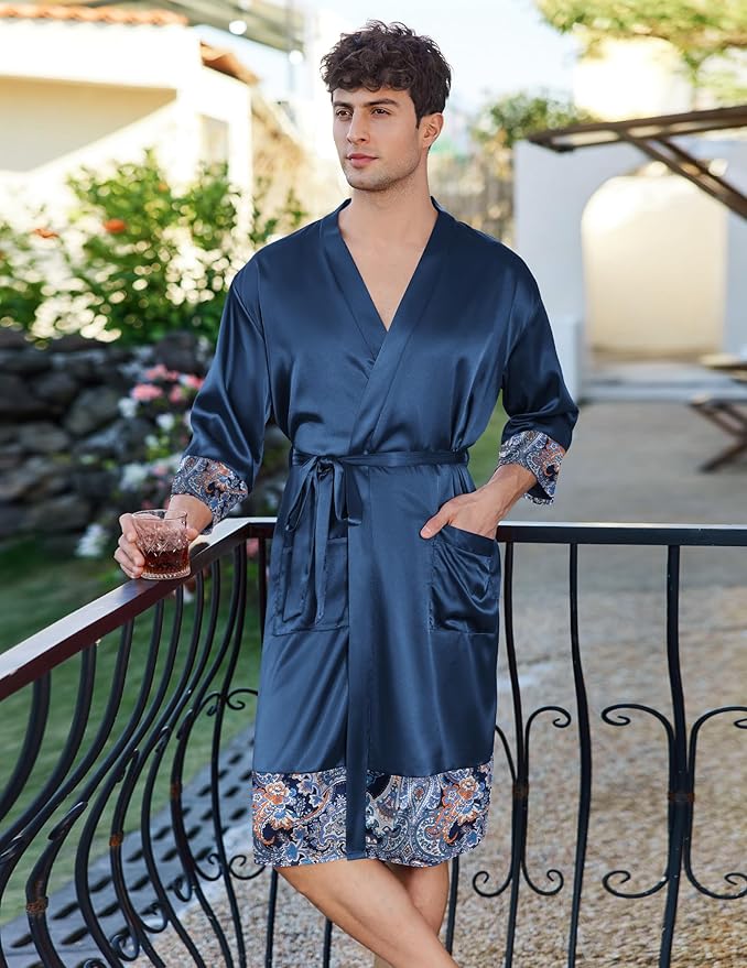 Ekouaer Mens Satin Robe Lightweight Silky Kimono Bathrobe 3/4 Sleeve Spa Knee Length Loungewear with Pockets S-3XL