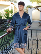 Ekouaer Mens Satin Robe Lightweight Silky Kimono Bathrobe 3/4 Sleeve Spa Knee Length Loungewear with Pockets S-3XL
